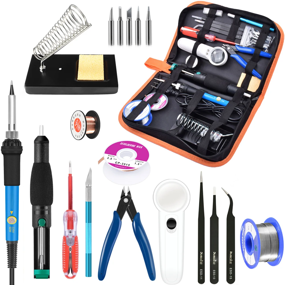 

60W Adjustable Temperature Soldering Iron Kit Welding Solder Station Stand Tweezer Multimeter Repair Tool Kit Solder Wire 220V