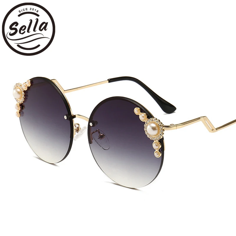 

Sella Retro Fashion Women Round Sunglasses Summer Hot Sale Modern Ladies Gradient Lens Pearl Decoration Classic Rimless Glasses