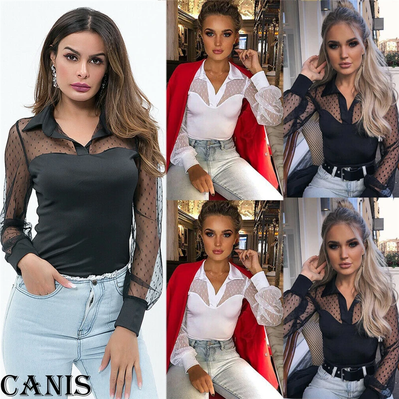 

Women Mesh Sheer Lace Blouse Ladies Summer See Through Sexy Shirts Long Sleeve Blouses