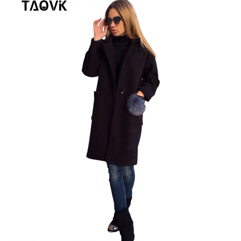 

TAOVK Women long overcoat long sleeve lapel coat with a fur balls Pockets coats