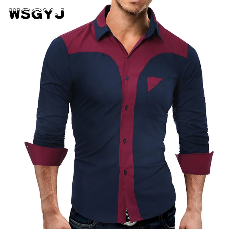 WSGYJ Brand 2018 Fashion Male Shirt Long-Sleeves Tops Youth Hit Color Mens Dress Shirts Slim Men 3XL | Мужская одежда
