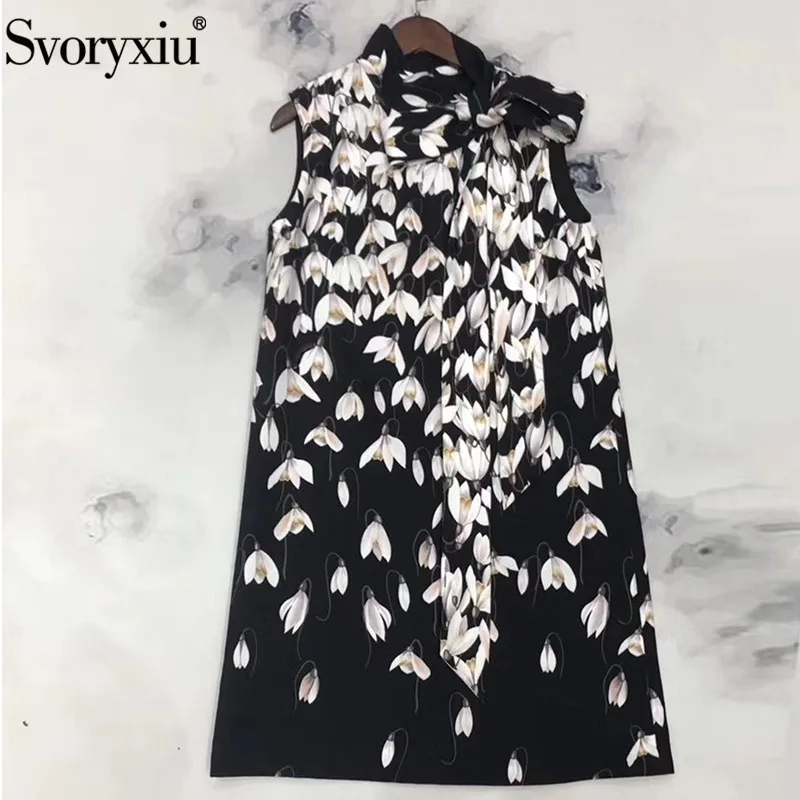 

Svoryxiu Women Summer Runway Magnolia Flower Print Black Tank Dress Elegant Bow Collar Loose Short Dress Vestdios