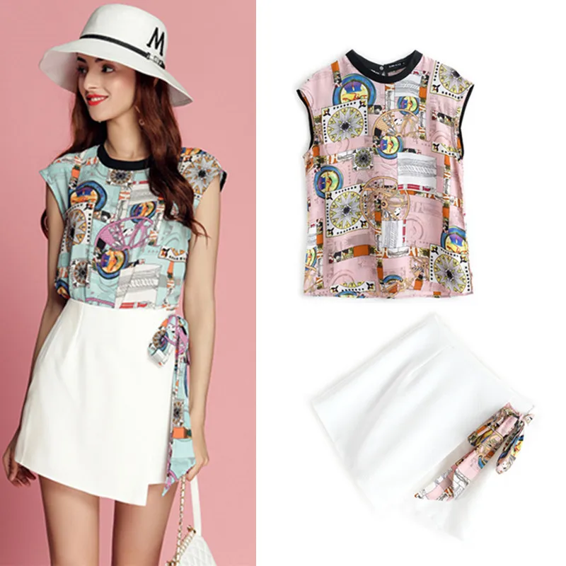 

Casual Sleeveless Two Piece Sets Women Summer Vintage Retro Floral Print Tops And Shorts Office Suits Set Women's Costumes CC133