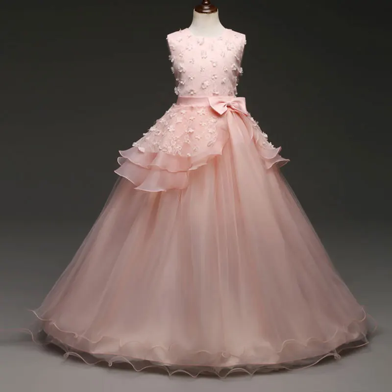 Платье принцессы для девочек; длинное кружевное платье с v-образным вырезом на спине; вечернее платье; элегантное бальное платье; vestido de festa longo infantil Elegantes de Gala - Цвет: Pink