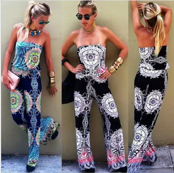 

Women Chest wrapped Floral Printed palazzo Jumpsuit Loose Exuma Preppy Rompers Sexy 016 Summer Long Playsuits Wide Leg Pants 2XL
