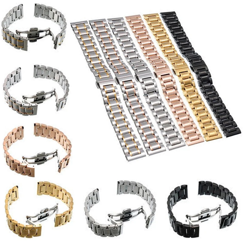 Shellhard New High Quality Silver Black Rose Gold Watchband Stainless Steel Butterfly Clasp Buckle Straight End Watch Band Strap