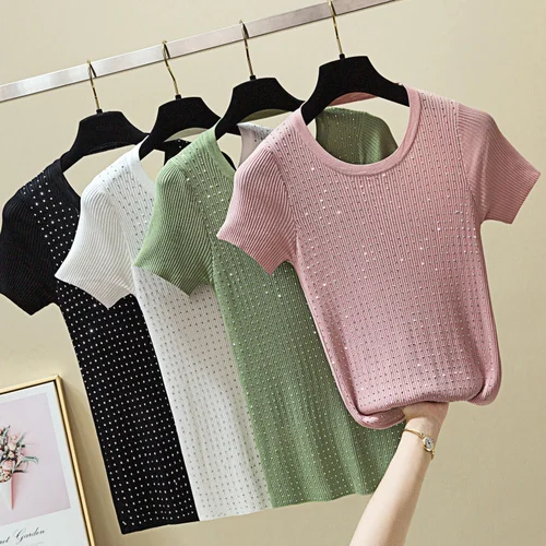 

2019 Knitting O-neck Short Sleeves Women T-shirt Harajuku Sequins Beading Streetwear Tops Korean Clothes Women