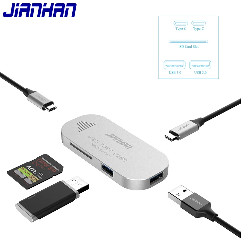 JianHan 5 في 1 USB C محور نوع C محور SD/مايكرو قارئ البطاقات SD نوع-C إلى USB 3.0 مع USB-C شاحن PD للماك بوك برو عالية الجودة