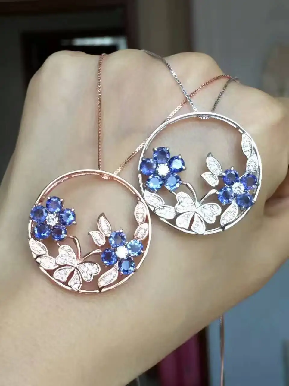 

natural blue iolite gem pendant S925 silver Natural gemstone Pendant Necklace trendy Luxury flower butterfly women party jewelry