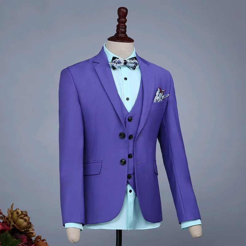 Men Slim Casual Purple Groom Married Wedding Suits Set Passionate Male