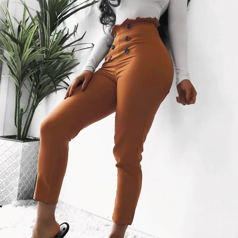 

Missufe Slim Sheath Pants Button High Waist Office Ladies Women's Pants Solid Skinny Trousers Pencil Panst Female 2019