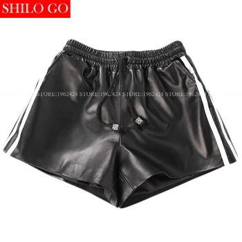 

Autumn winter fashion women high quality sheepskin vertical striped elastic belt metal drawstring black leather shorts 3XL