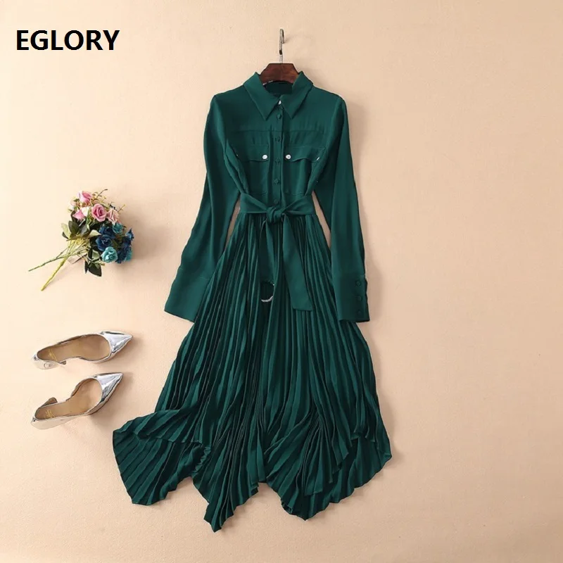 

New England Style Dress 2019 Spring Summer Autumn Work Dress Women Turn-down Collar Tunic Button Long Sleeve Pleated Dress Green