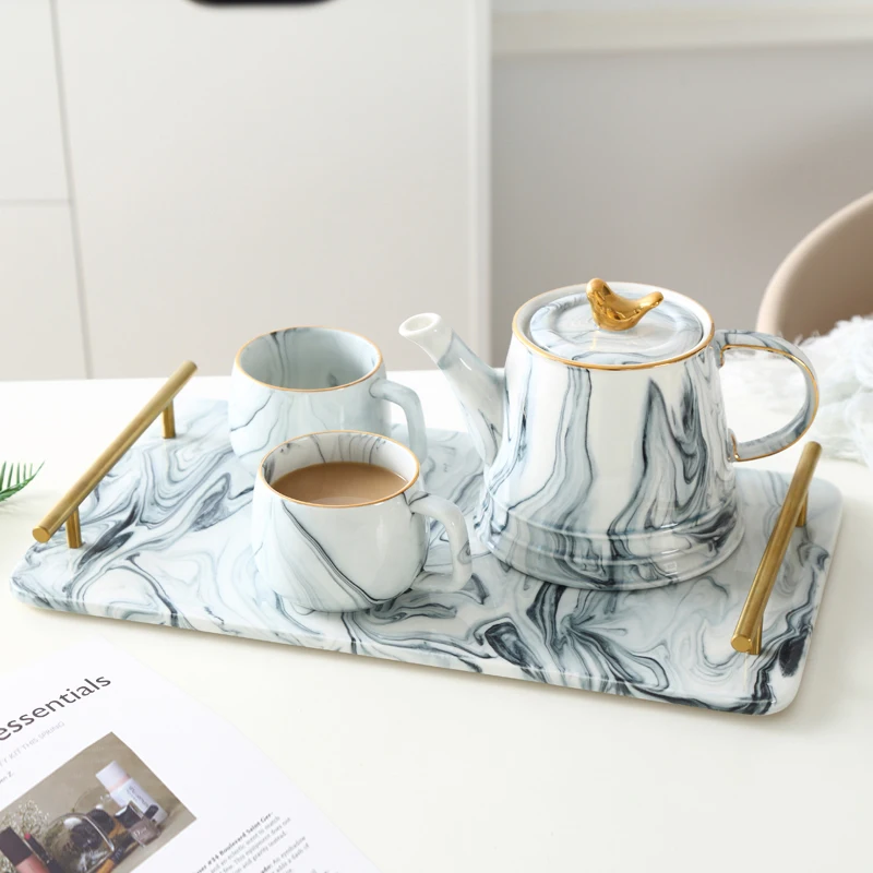 

Nordic Ceramics Teapot Cup Set, Marbling Drinkware, Coffee Cup and Saucer, Gold Handle, Kettle Tray, Afternoon Tea Cup Kit, 1Pc