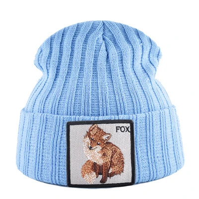 Fashion Skullies Beanies With Fox Embroidery Patch Winter Warm Knitted Hats Women Double Layer Knitting Bonnet Cap Men Solid Hat - Color: Blue1