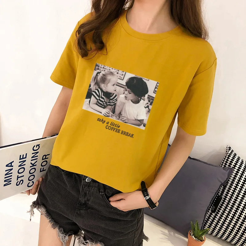 

T-shirts Spring Summer Short Sleeve O-Neck Polyester Spandex Female Tops Tees Slim T-shirts for Women 2019 New Two Kids Printing