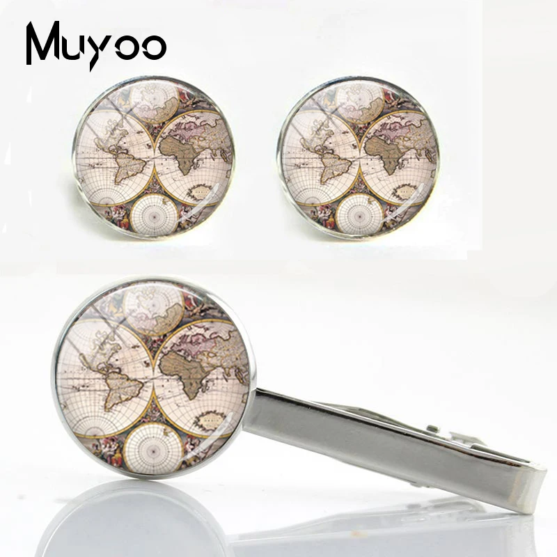 

Vintage Globe World Map Boston Chicago Iceland Country Map Silver Cufflink & Tie Clip with Gift Box for Mens Traveller Gifts