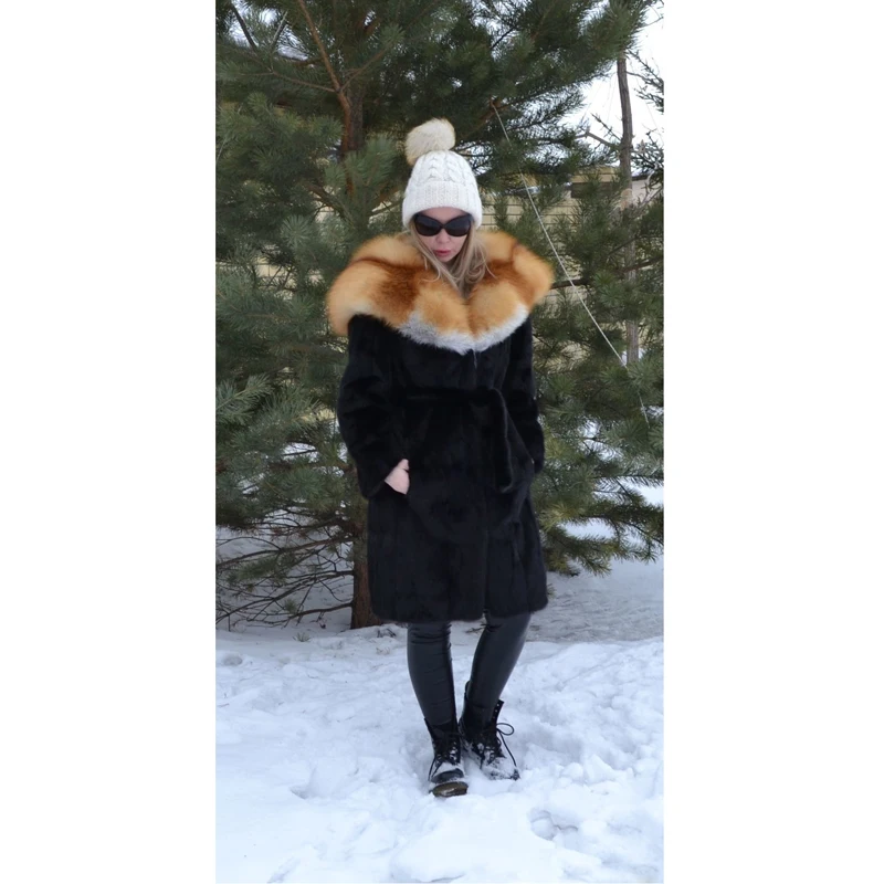 Куртка с капюшоном из меха Красной лисы Tatyana Furclub теплая черная длинная куртка