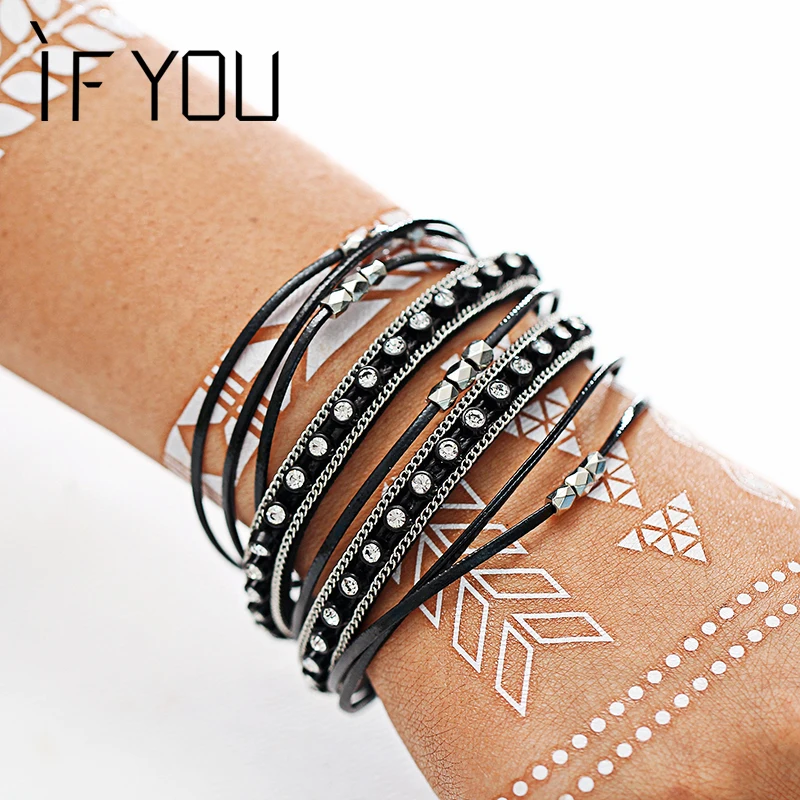 

IF YOU Fashion Black Crystal Leather Bracelets & Bangles Charms High Quality Bracelets For Women Men Bracelet Jewelry Gifts