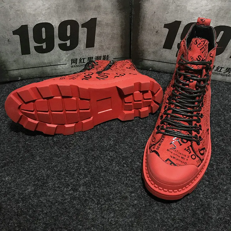 Online Mens armee stiefel Casual stiefeletten High Top Leder Schuhe Männlichen RED Hip hop graffiti military stiefel sneaker Schuhe MM 89