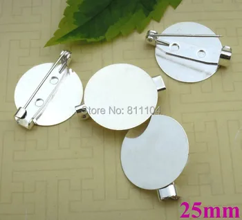 

25mm Silver Plated Brass Blank Flat Circle Pad Bezel Tray Cameo Cabochon Brooch Bases Clip Back Pins Brooches Settings Findings