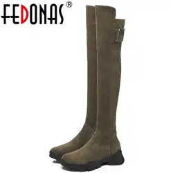 FEDONAS/новые женские ботфорты выше колена, замшевые кожаные сапоги с пряжкой, обувь для вечеринок, женская обувь, женские колготки, высокие