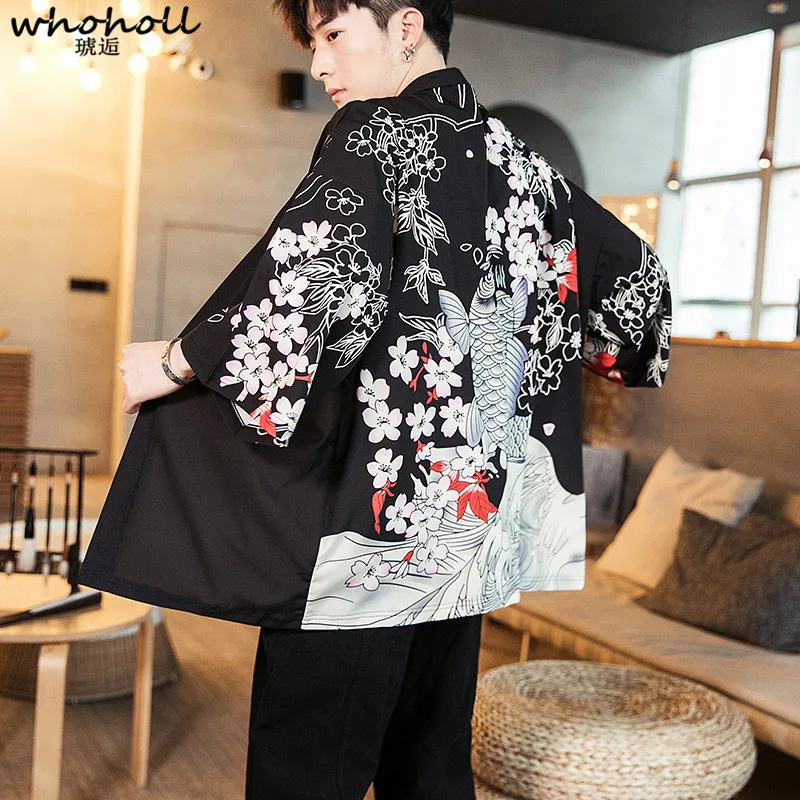 

WHOHOLL 2019 Summer Japanese Style Canrdigans Jackets Men Fish Embroidery Kimono Chinese Tops Cardigan Hanfu Dragon Embroidery