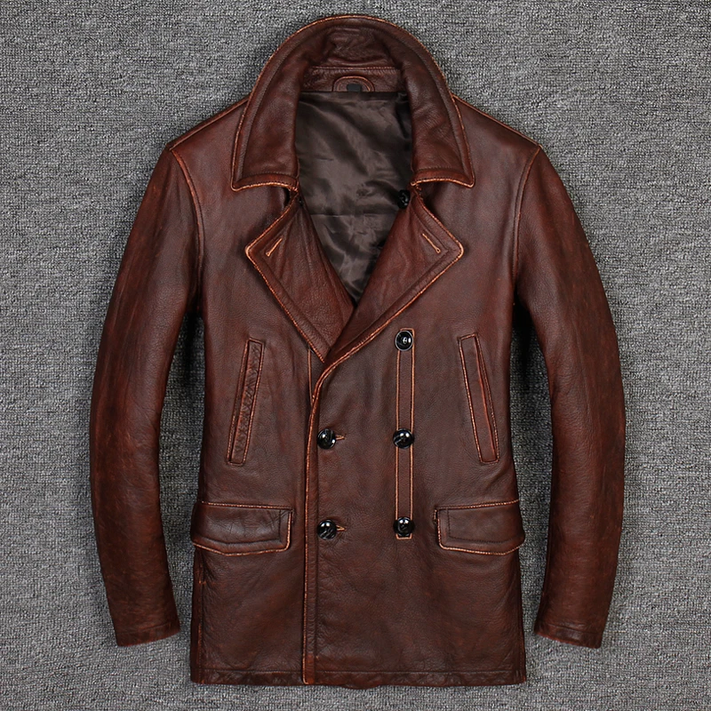 

Men's Long Leather Windbreaker Coat Double-breasted Lapel Vintage Slim Fit Casual Jacket Leather Male Winter Coat