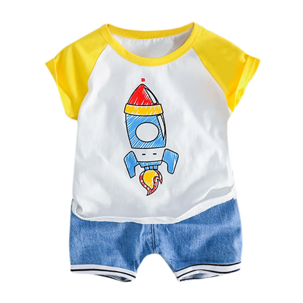 

2019 Fashion Casual Outfits New Summer Toddler Baby Kids Boys Rocket Short Sleeve Tops T-shirt + Stripe Short Pants Bebek Giyim