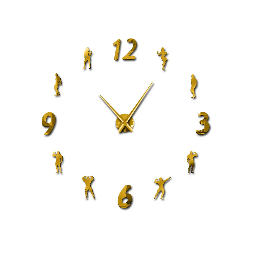 1 шт., настенные часы для тренажерного зала, сделай сам, современные, сохраняют форму, бодибилдинг, похудение, фитнес, бескаркасные настенные часы, гигантские 3D зеркальные настенные наклейки - Цвет: Золотой