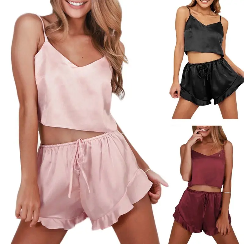 Womens Satin Shorts Crop Top Sleeveless Set Summer Sleepwear Tracksuit ...