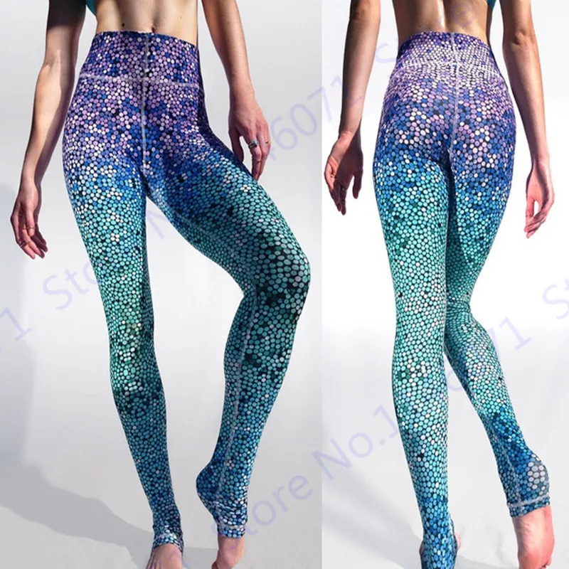 Women's High Waist Yoga Pant Blue Mermaid Fish Scale Fitness Gym