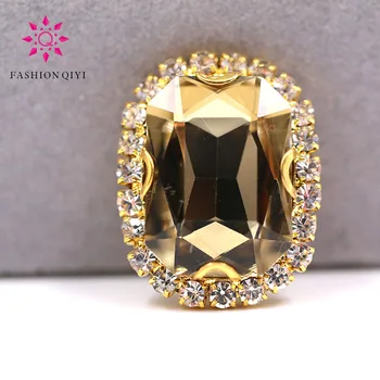 

Free shipping Gold base Rectangular octagonal Light Coffee sew on rhinestones glass Crystal button DIY clothing accessories