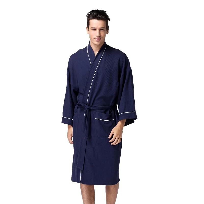 Мужские вафельные хлопковые халаты, кимоно с длинным рукавом, банные халаты, махровая ткань, зимняя Пижама, до колен, мужской спа-халат, одежда для сна