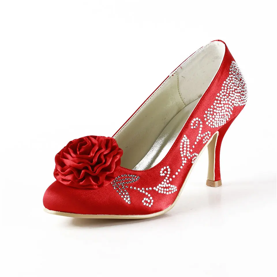 

talones altos round toe party banquet flower crystal satin wedding dress high heels thin heels bridal bridesmaid pumps RR-029 YY