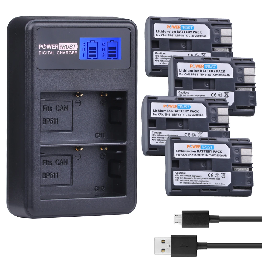 4 шт. 2650 мАч BP-511 BP 511 BP511 bp511a Батарея + ЖК-дисплей USB двойной Зарядное устройство для Canon EOS 40D 300d 5D 20D 30d 50d