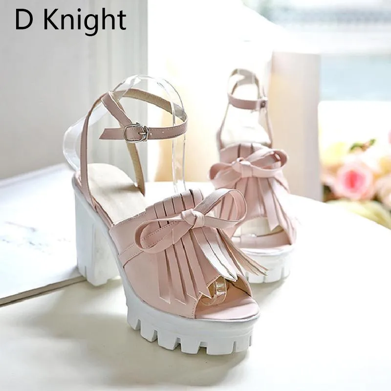 Roman Sandals Woman Sweet Bowtie Yong Lady Lolita Shoes Ankle Strap Square High Heels Female Goth Shoes Platform Summer Sandals  (3)