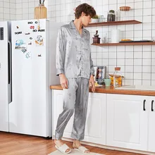 Летний шелковистой сна пижамы костюм Мужская рубашка брюки пижамы наборы Повседневное дома ночная рубашка халат из искусственного шелка Ванна платье L-XXL