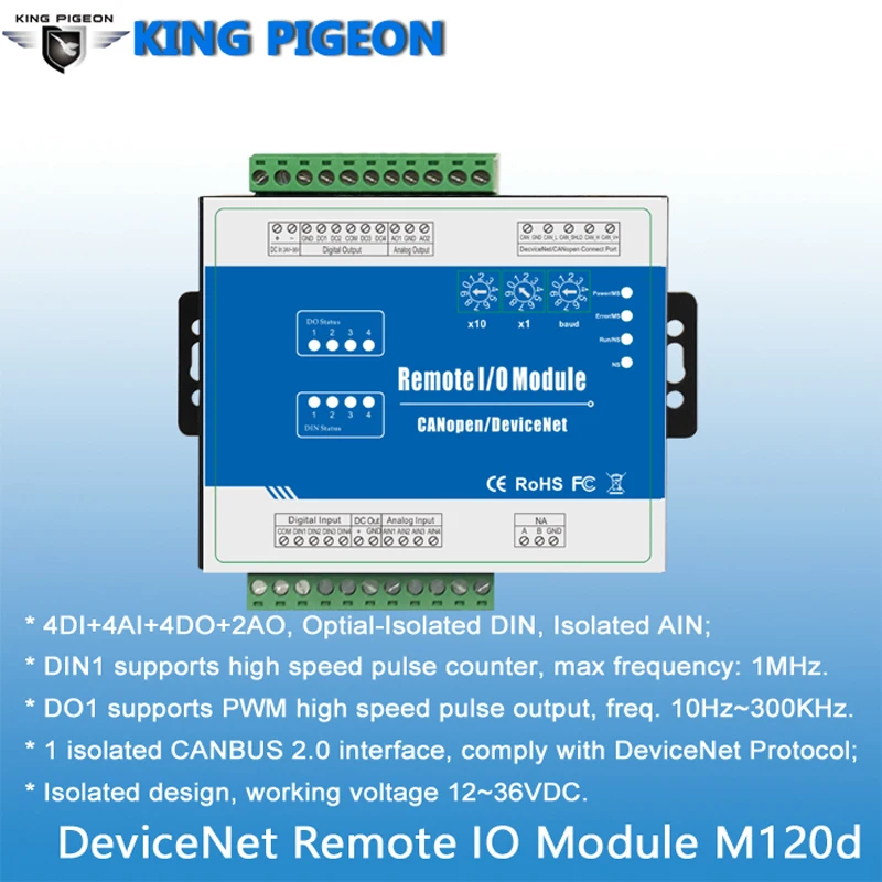 4 Digital inputs & outputs DeviceNet Remote I/O Module Supports PWM inbuilt Watchdog with 2 channel analog outputs M120D