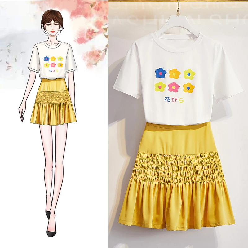 

Summer 2 Pieces Set Women Flower Print Cotton T Shirt Top + High Waist Ruffles Skirt Sets Korean Japan Preppy Ladies Outfits