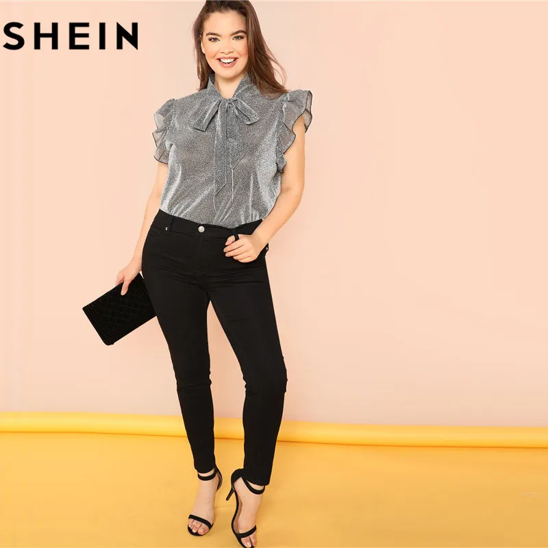  SHEIN Grey Ruffle Trim Tie Neck Plus Size Women Thin Blouses Summer Polyester Sleeveless Elegant Of