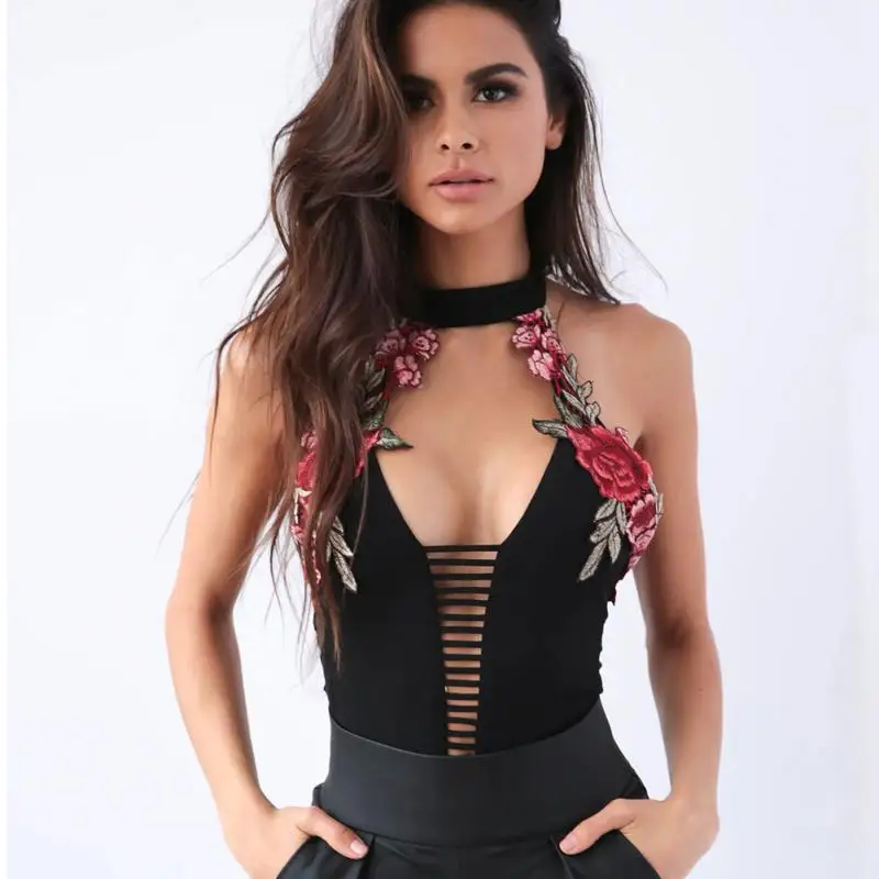 2018 Women Sexy Summer Floral Embroidered V Neck Halter