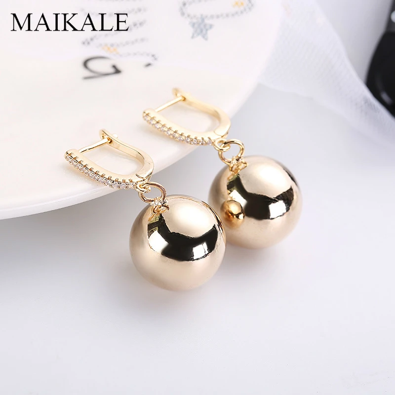 

MAIKALE Simple Big Ball Earrings Gold Silver Color Round Metal Statement Earrings Cubic Zirconia Drop Earrings for Women Gifts