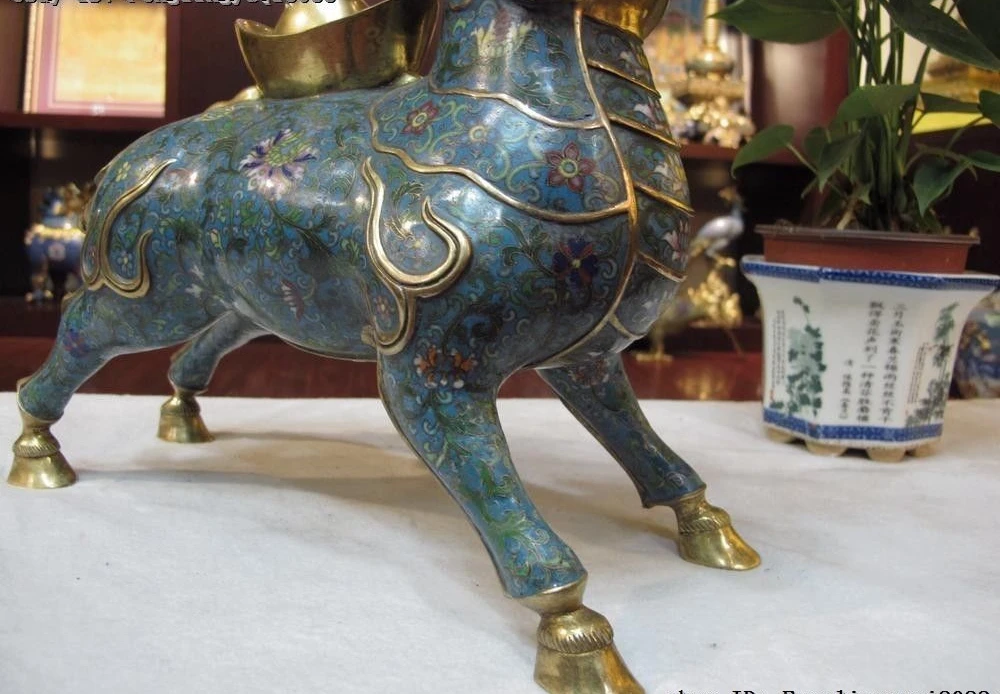 Китайский Чистая Бронзовый 24 К золото перегородчатой Foo Dog Дракон Кирин птица курильница