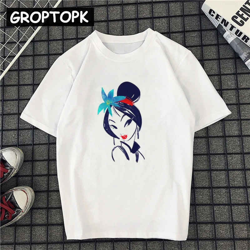 

Mulan Art Painting Female T-shirt Short Sleeve Tee Shirt Femme Princess Harajuku Vintage T Shirt Streetwear Summer 2019 Vogue