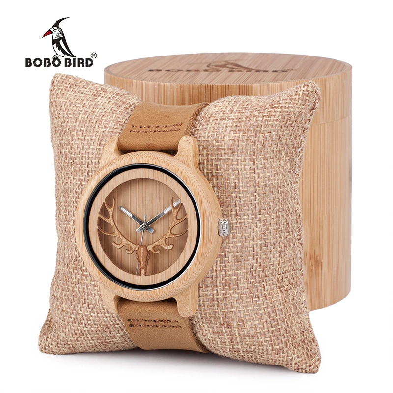 BOBO BIRD Wood Watch Male Vintage Deer Head Skeleton Design Bamboo Wristwatch Men Womens Timepiece with Leather Bands