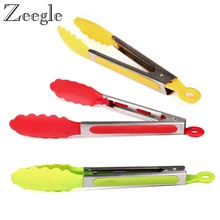 Zeegle 1pcs Kitchen Tongs Cooking Salad Food Serving Silicone BBQ Tongs Stainless Steel Handle Buffet Serving Food Tongs