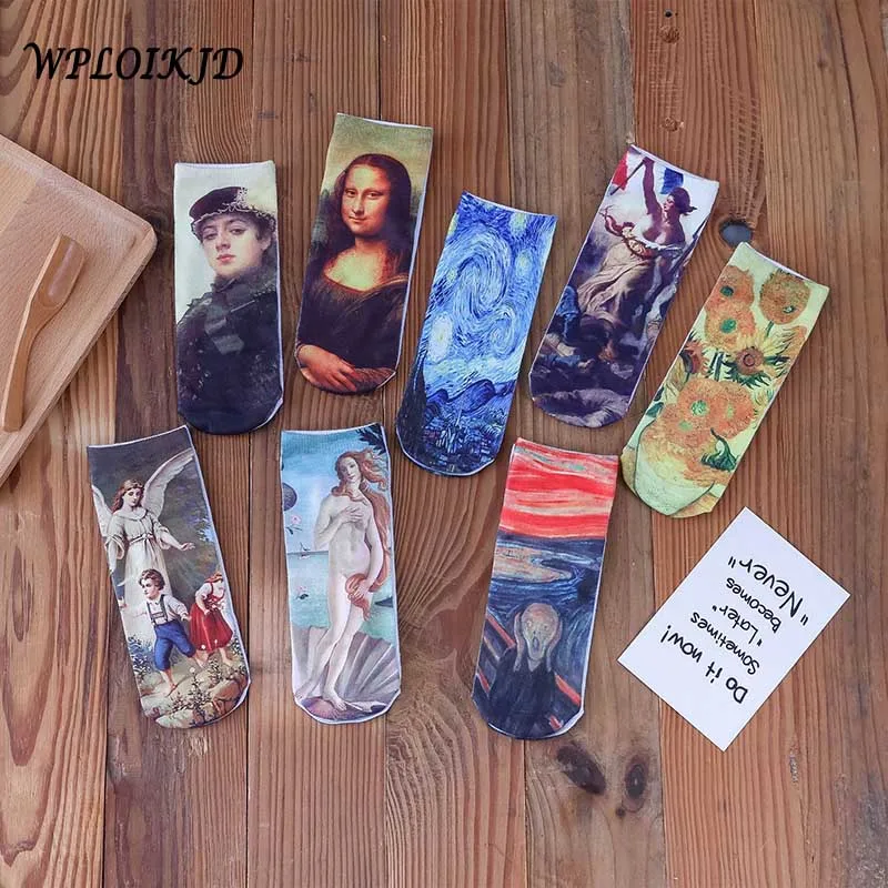 [WPLOIKJD]3D Print Art Abstract Oil Painting Harajuku Van Gogh Socks Japanese Ankle Socks Women Creative Meias Calcetines Mujer