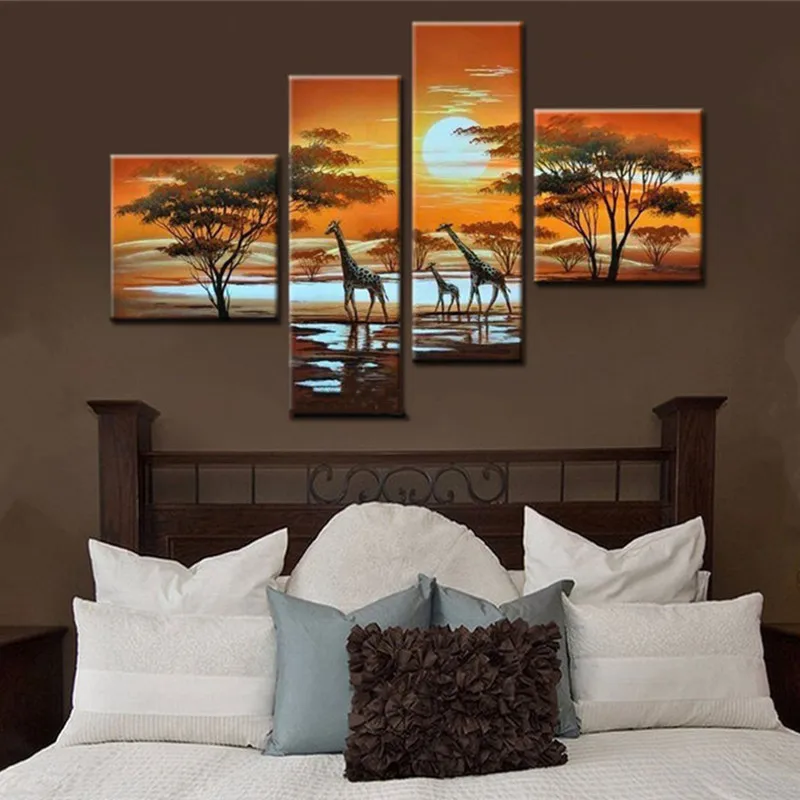 

Africa Trees Giraffe Sunset Scenery Pictures Hand Painted Abstract African Landscape Oil Paintings on Canvas Home Decor Wall Art