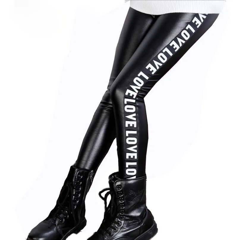 

2018 Hot Sale Girls Leather Pants Legging For Girls High Quality Elastic Waist Skinny Legging Letter Black Kids Children Clothes